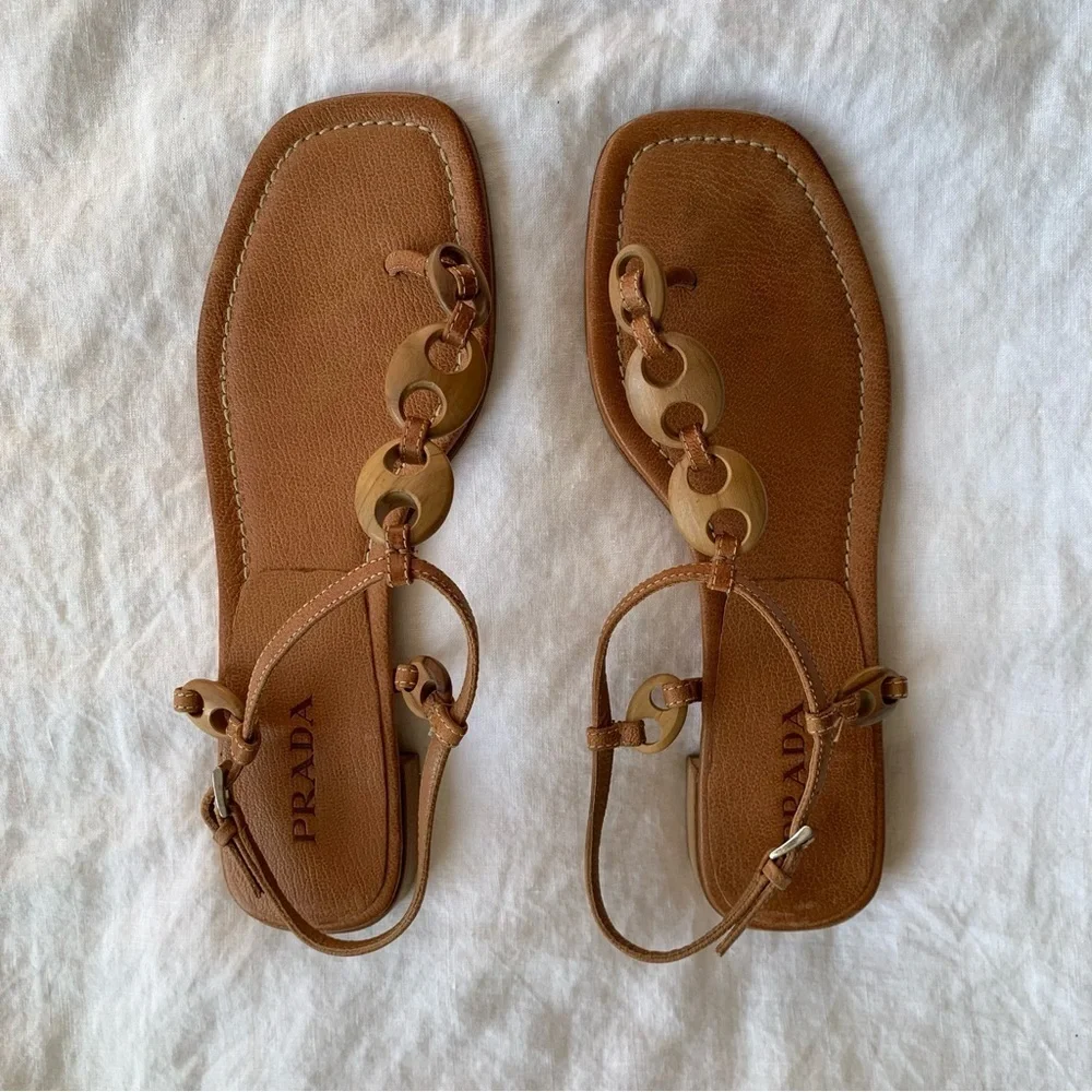 Vintage Prada Wood Leather Thong Square Toe Sandals Tan Brown - Picture 2 of 7